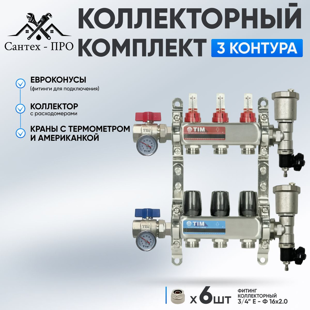 Коллектор для теплого пола на 3 контура с расходомерами, кранами с  термометрами и евроконусами до 50 кв/м