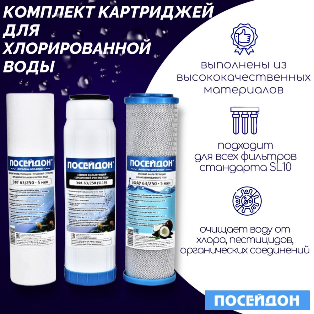 Комплект картриджей для хлорированной воды "ПОСЕЙДОН-3" стандарта SL10 для любых трёхступенчатых систем #1