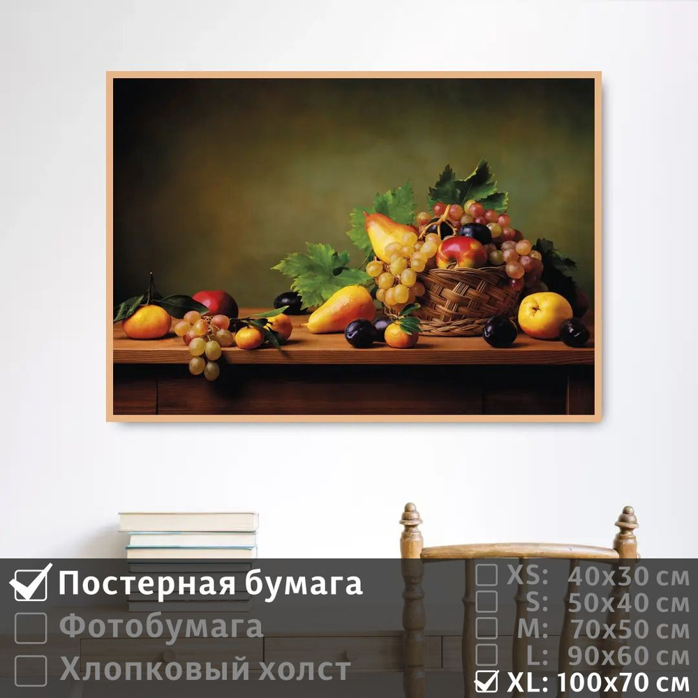Постер на стену Фрукты С Листьями В Корзинке 100х70 см ПолиЦентр #1