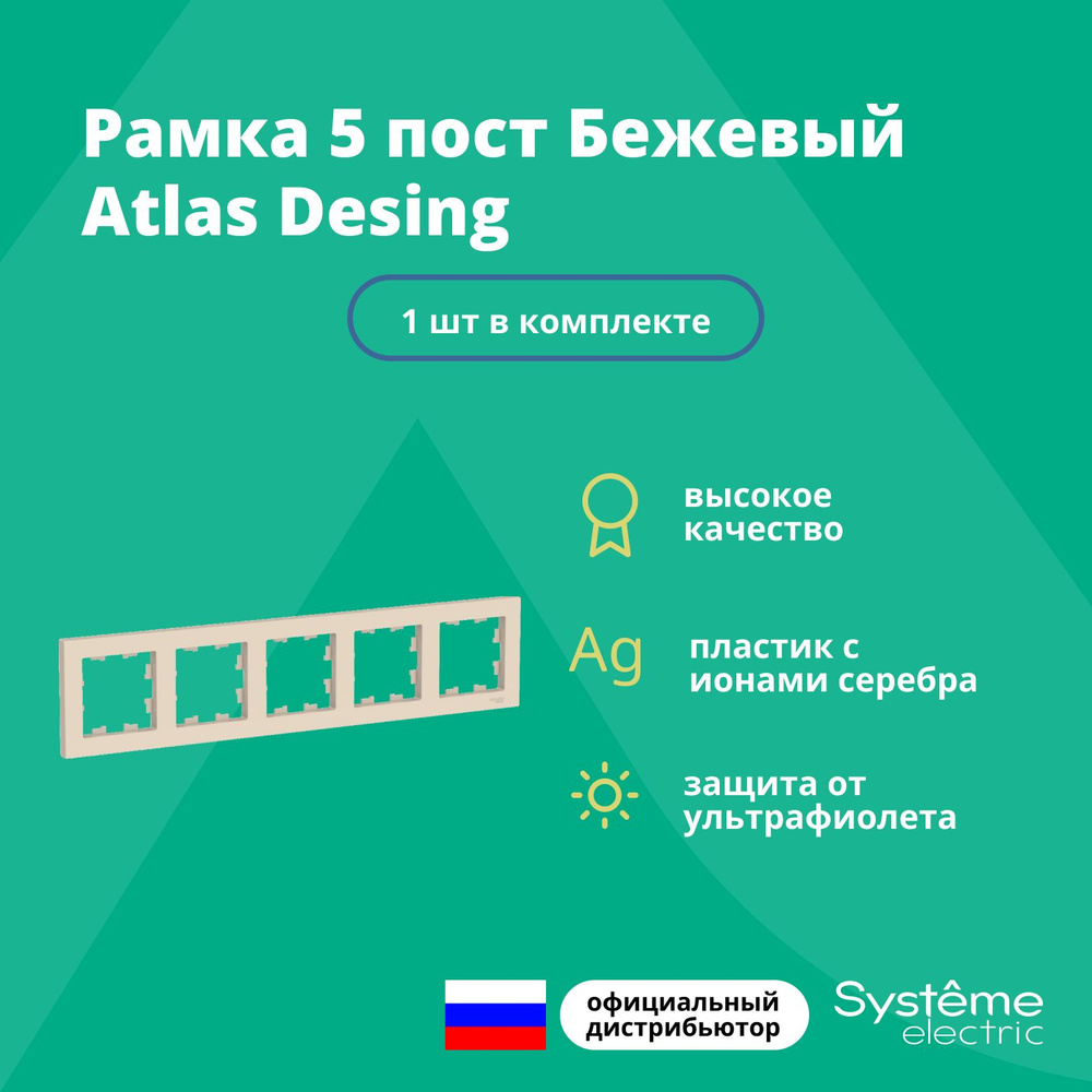 Рамка для розетки выключателя пятерная Schneider Electric (Systeme Electric) Atlas Design Антибактериальное #1