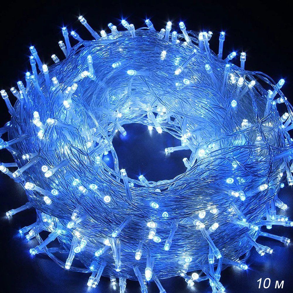 Гирлянда светодиодная. Шнур 10 м, 100 LED, 8 режимов, синий свет. Гирлянда светодиодная. Шнур 10 м, 100 LED, 8 режимов, синий свет.