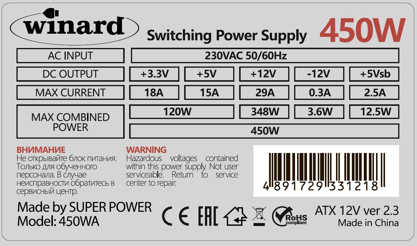 Блок питания Winard 450 W (450WA) ATX, 8cm fan, 20+4pin CPU (4), 2*SATA ...