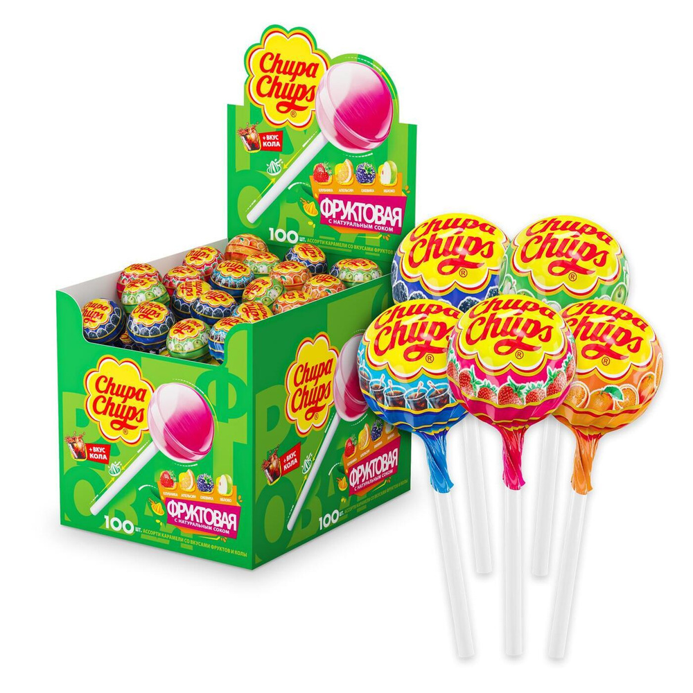 Chupa Chups карамель Ассорти Фруктовая + Кола, 100 шт по 12 г