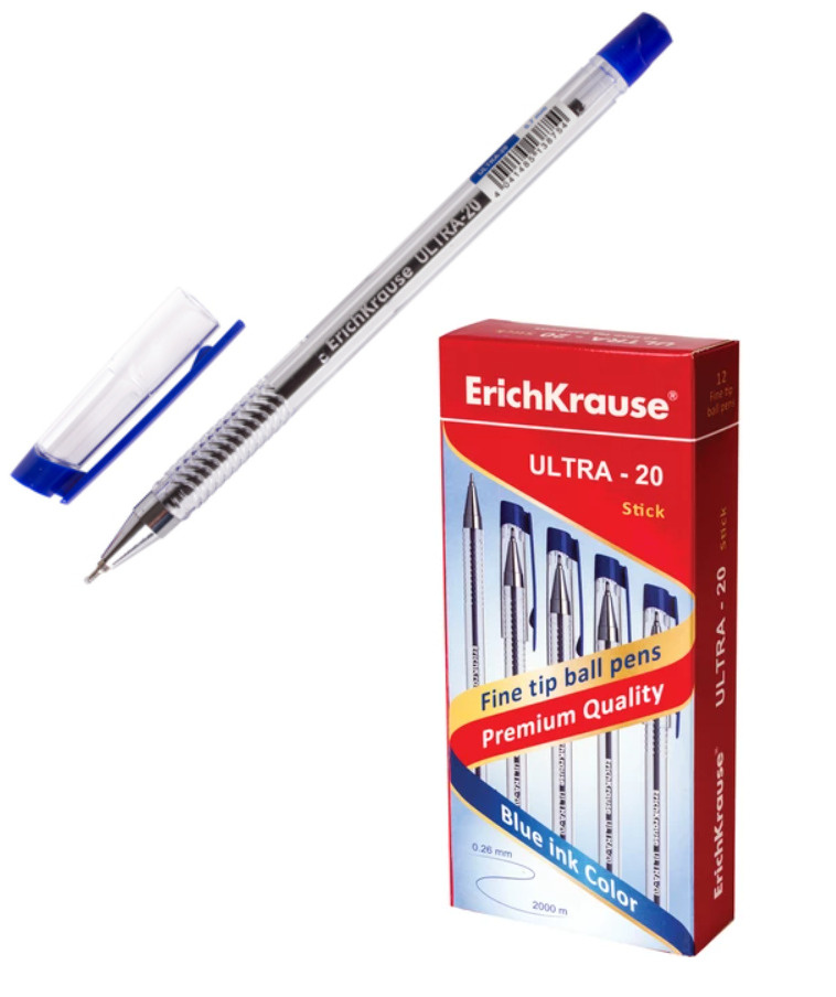 Ручка шариковая масляная ERICH KRAUSE "Ultra-20", СИНЯЯ, корпус прозрачный, узел 0,7 мм, линия письма #1