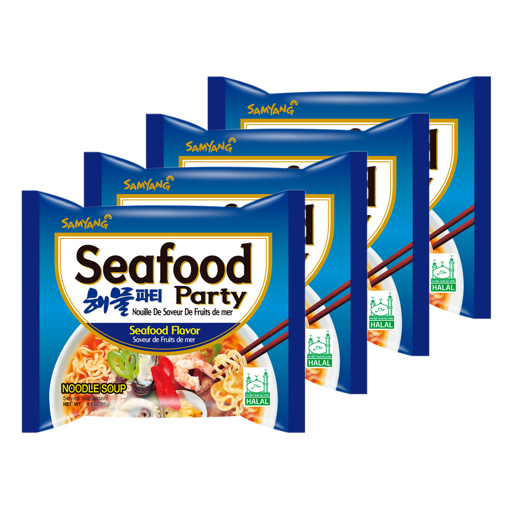 Лапша быстрого приготовления Seafood Party со вкусом морепродуктов Samyang, пачка 125 г х 4 шт  #1