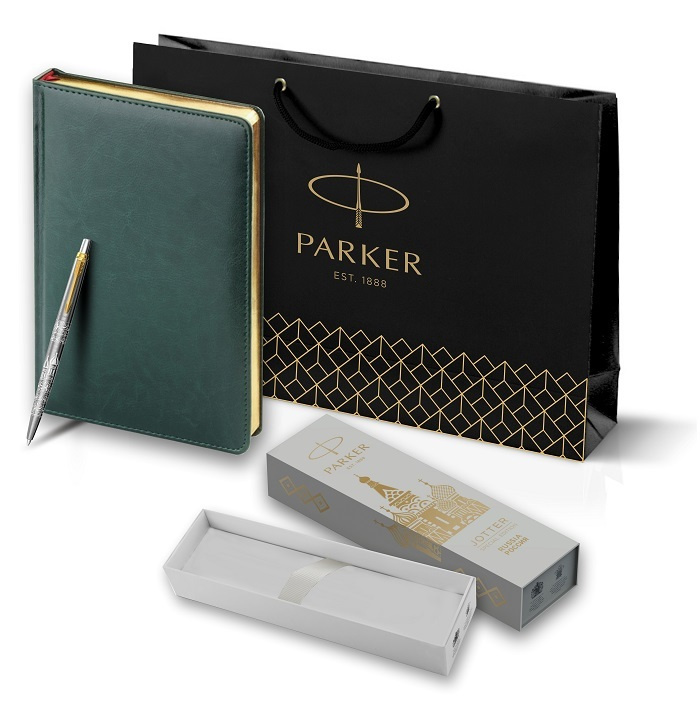 Подарочный набор: Шариковая ручка Parker Jotter Russia Steel GT и ежедневник недатированный зеленый с #1