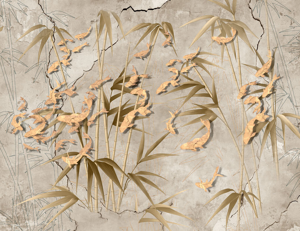 Фотообои флизелиновые на стену 3д GrandPik 17149 "Золотые рыбки в бамбуке", (ШхВ) 350х270 см  #1