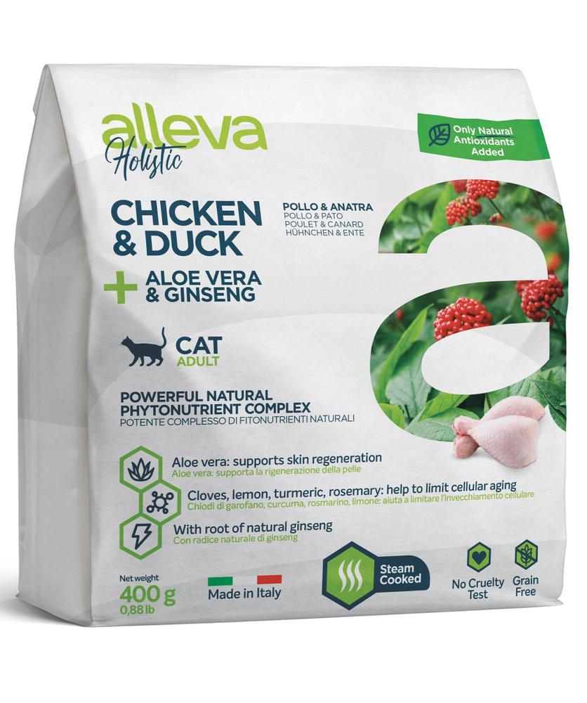 Сухой корм ALLEVA для кошек HOLISTIC CAT ADULT CHICKEN & DUCK 0.4 KG с курицей и уткой, алое вера и женьшенем #1