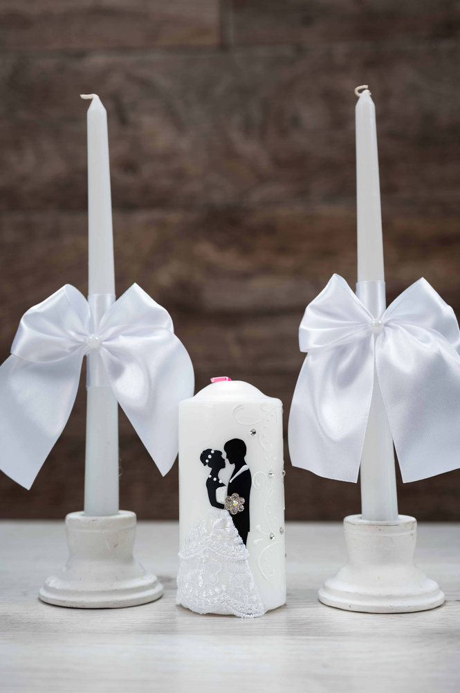 Свадебные свечи семейный очаг серые с кружевом