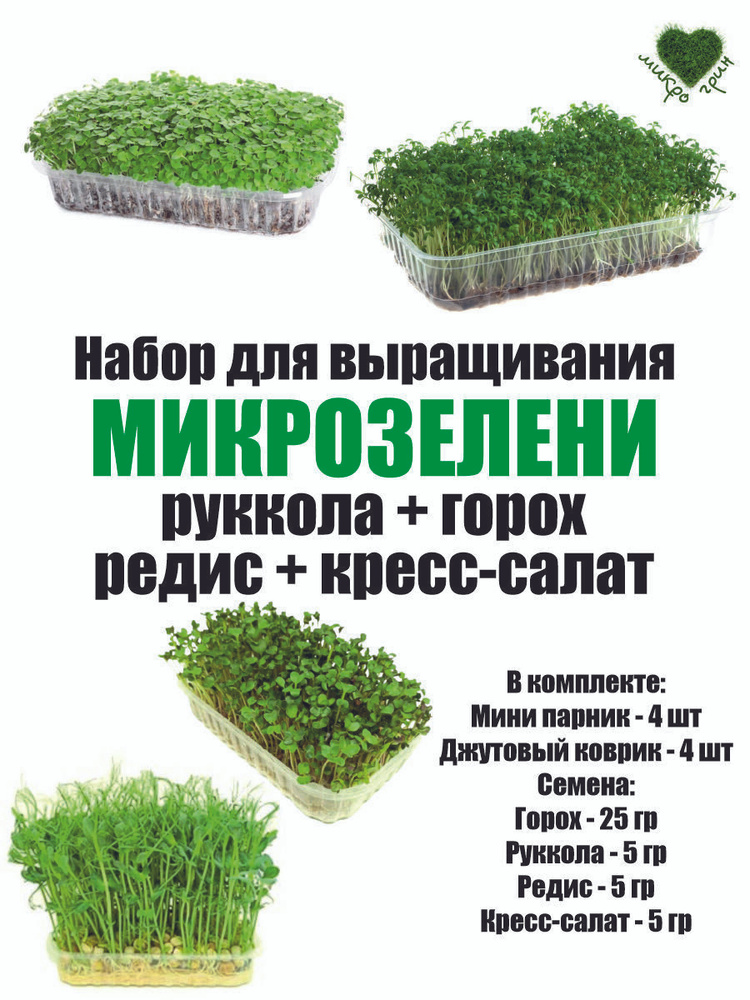 4 набора для выращивания микрозелени / руккола, горох, кресс-салат, редис  #1