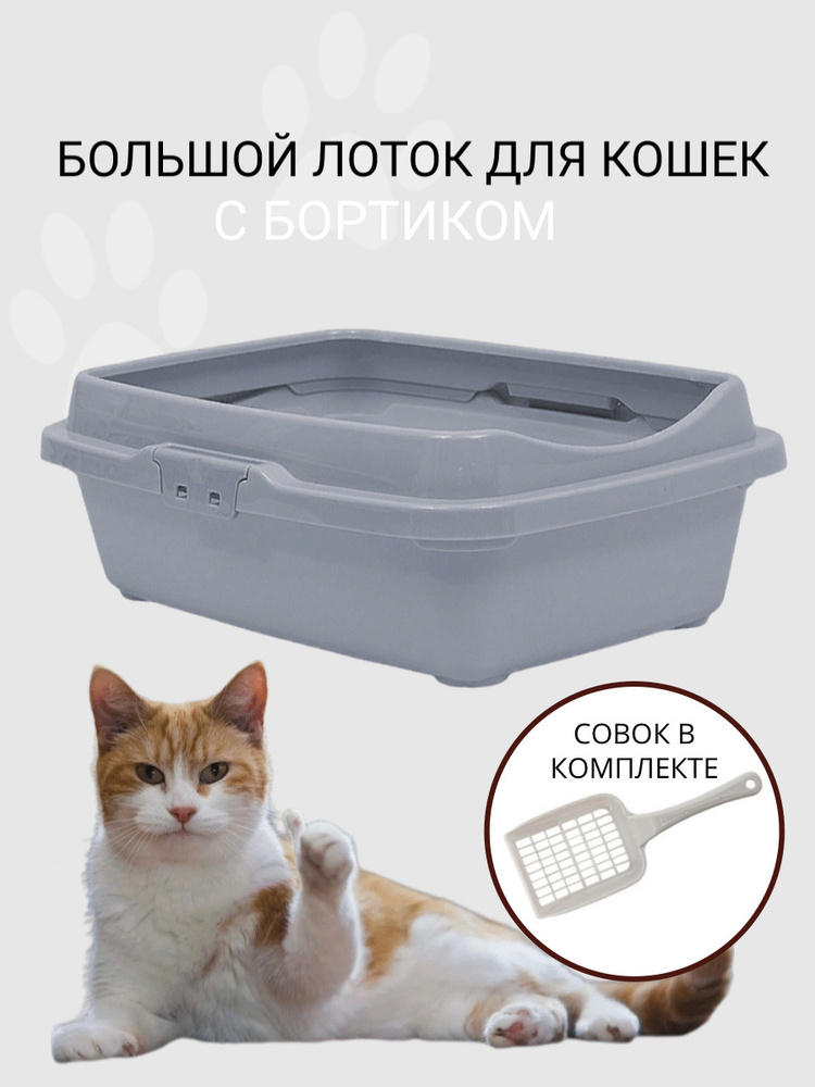 Туалет для кошек большой с бортом DD Style, кошачий туалет, лоток для кошек с совком, светло-серый  #1