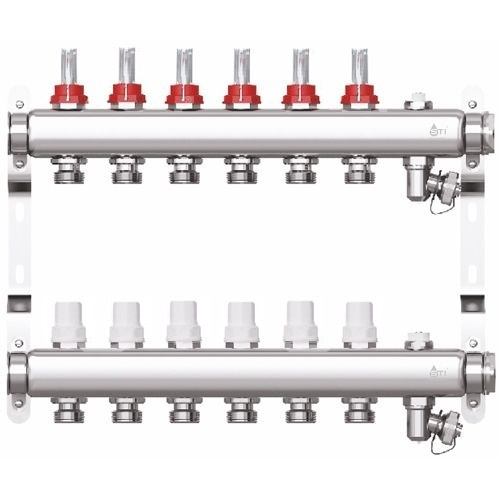 Коллектор для теплого пола на 6 выходов с расходомерами, из нержавеющей стали STI (в комплекте: клапана #1