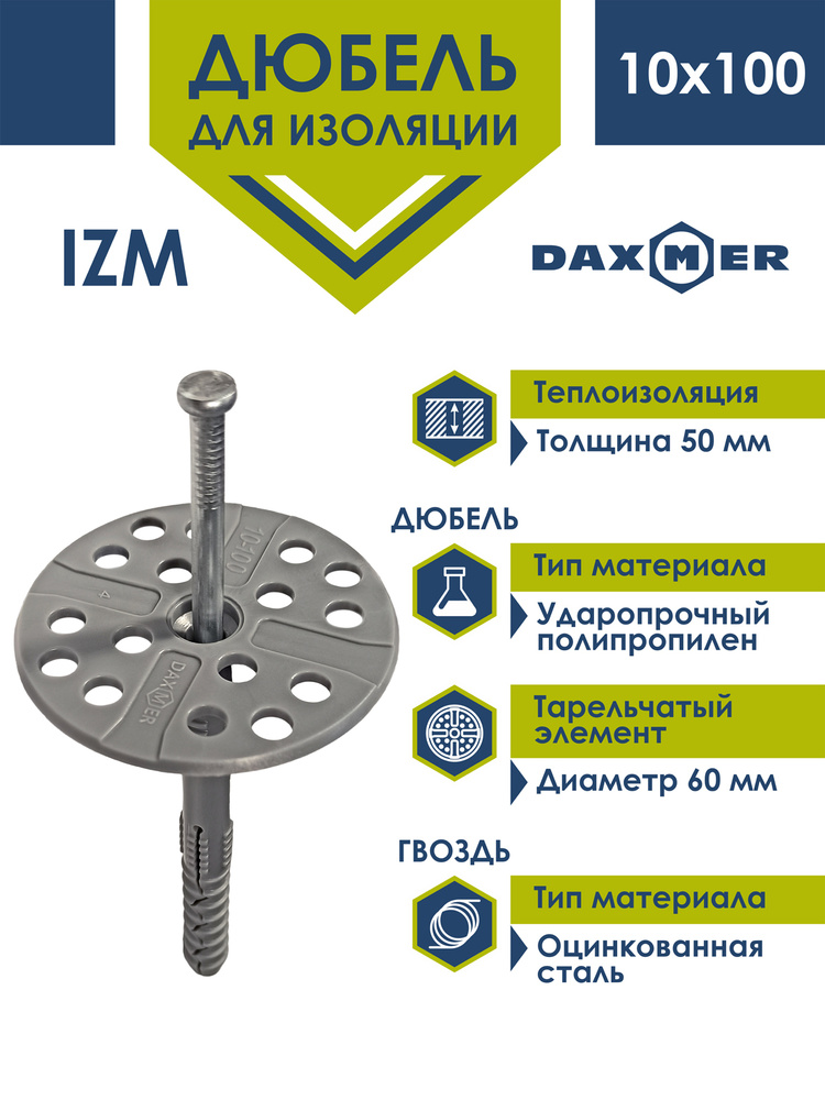 Дюбель для изоляции Daxmer 10х100 с металлическим гвоздем (100 шт)  #1