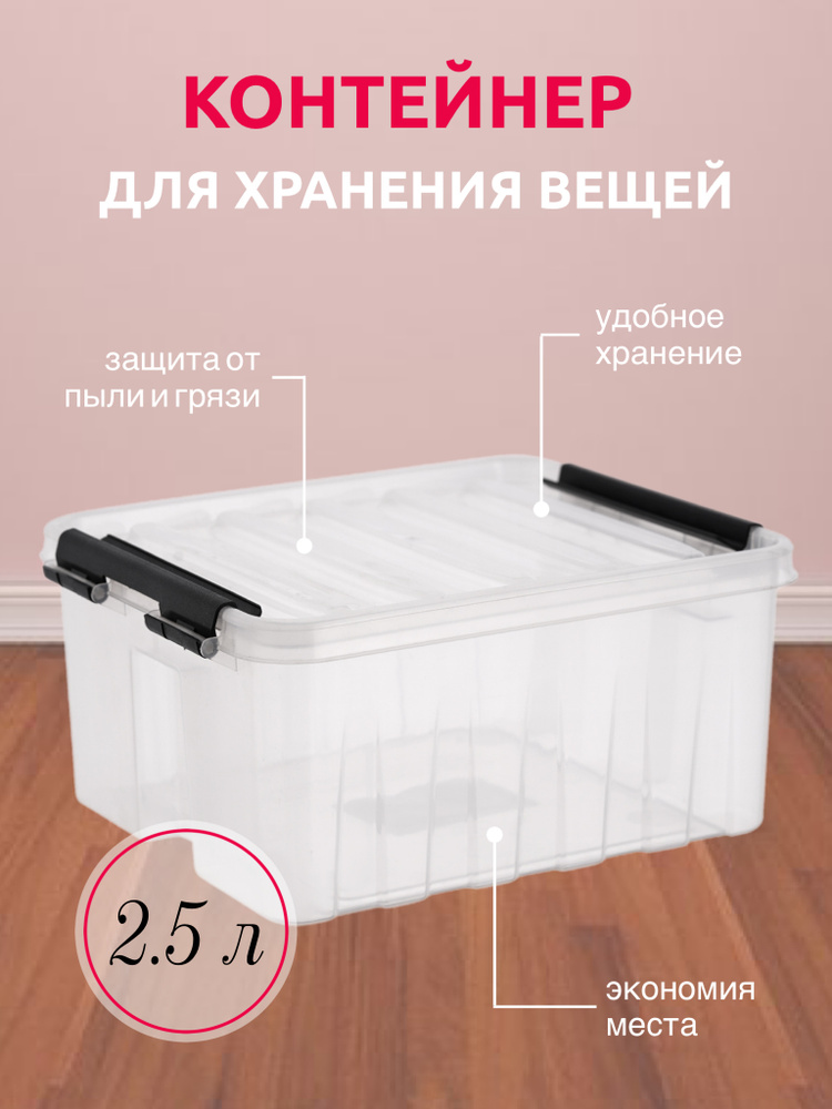 Система хранения вещей RoxBox 2.5 л, ящик пластиковый с крышкой и клипсами, коробка для хранения, прозрачный, #1