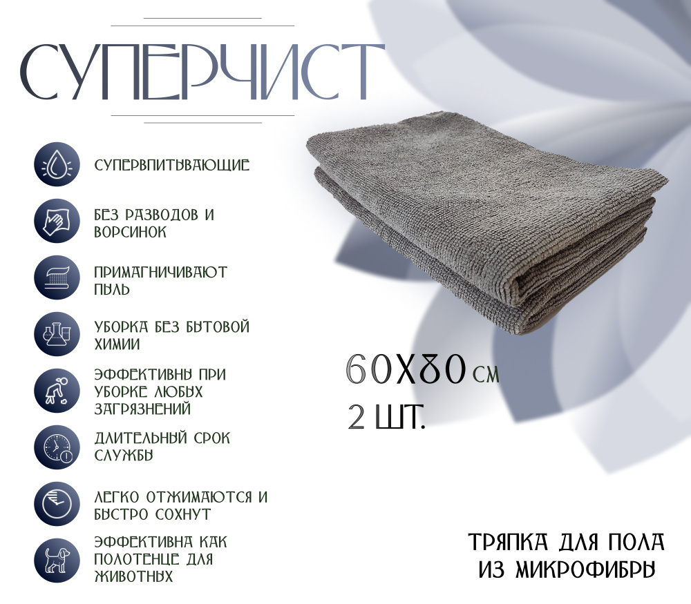 Тряпка для пола из микрофибры, СУПЕРЧИСТ, 60х80 см , 2шт, плотность 250г/м2, серая  #1