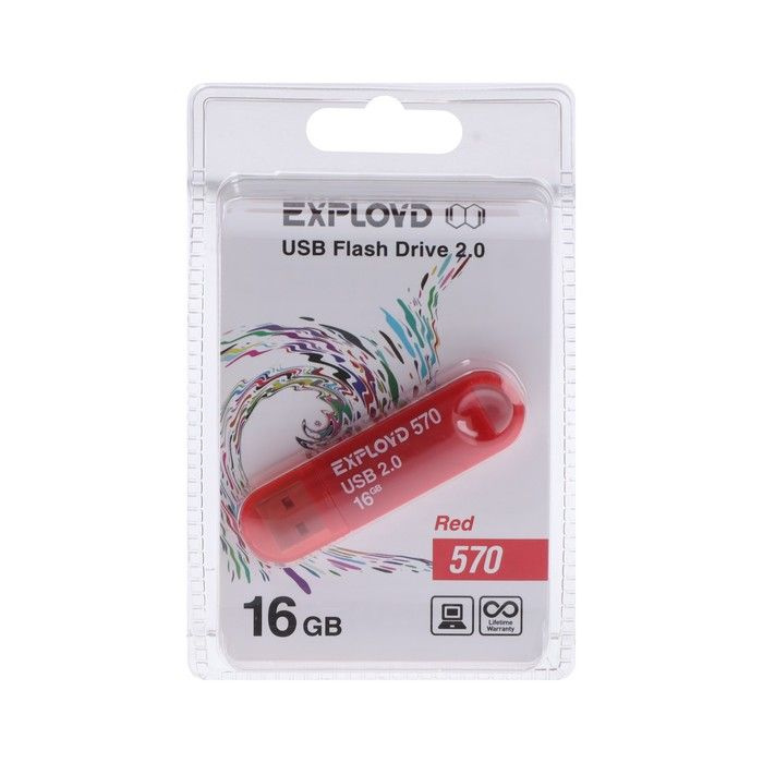 Флешка Exployd 570, 16 Гб, USB2.0, чт до 15 Мб/с, зап до 8 Мб/с, красная  #1