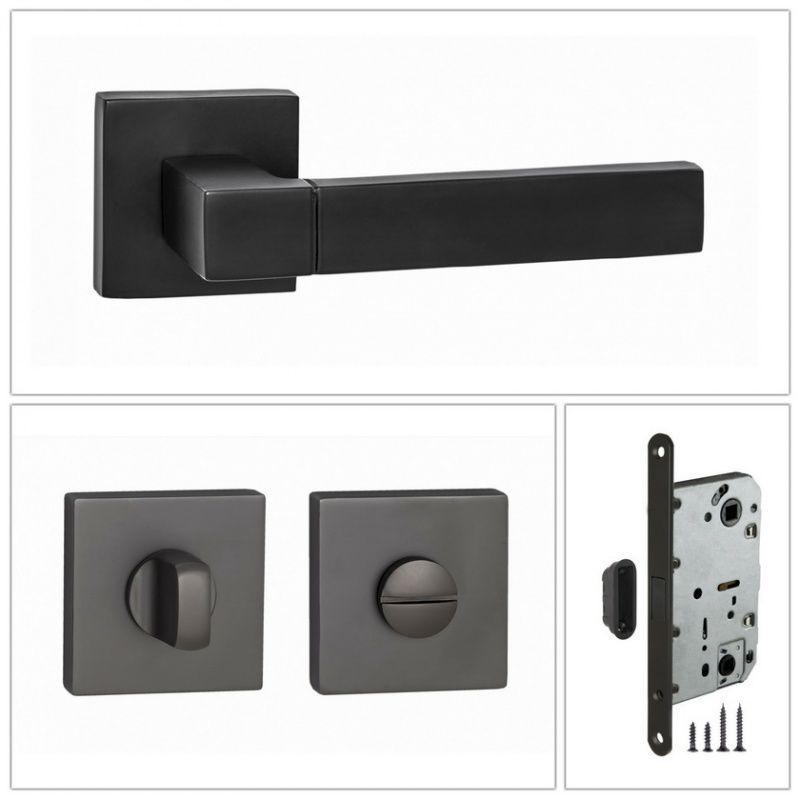 Комплект дверных ручек Renz INDH_51-03_B_UN, черный (ручка + завертка WC + магнитный замок)  #1