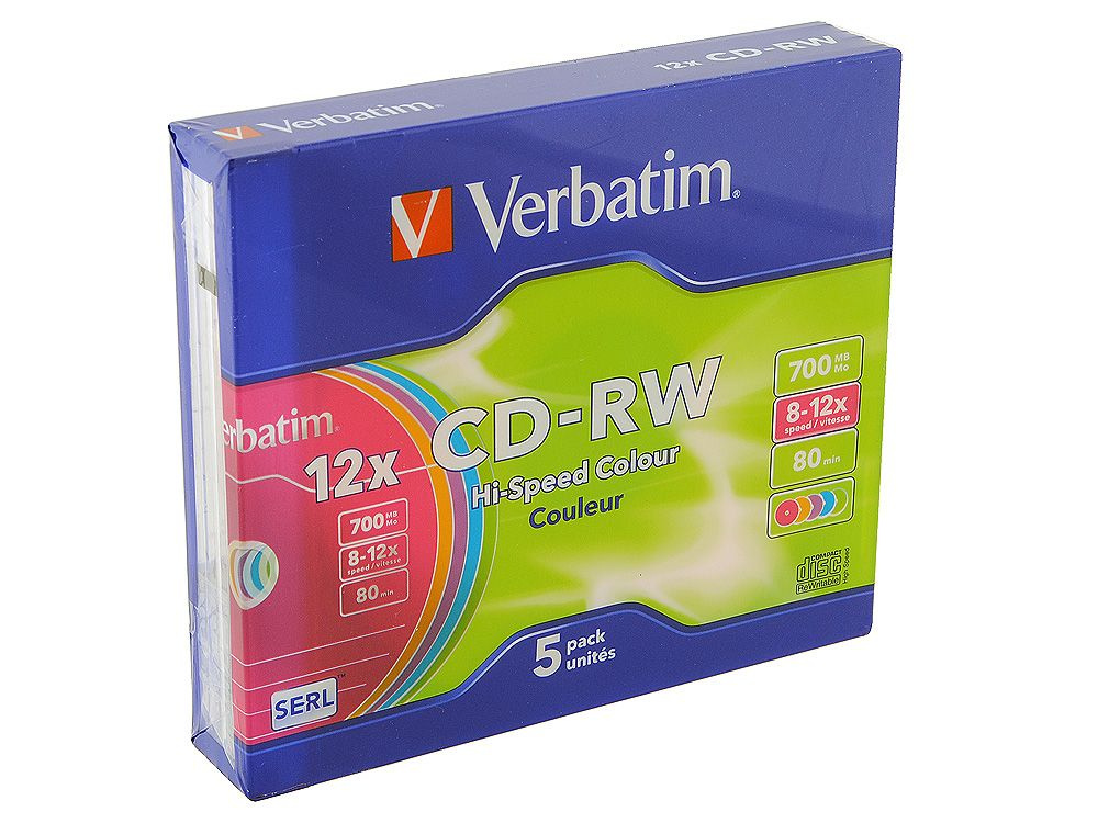 Диски CD-RW Verbatim 700Mb 12x SlimCase 5шт Color 43167 - купить с ...