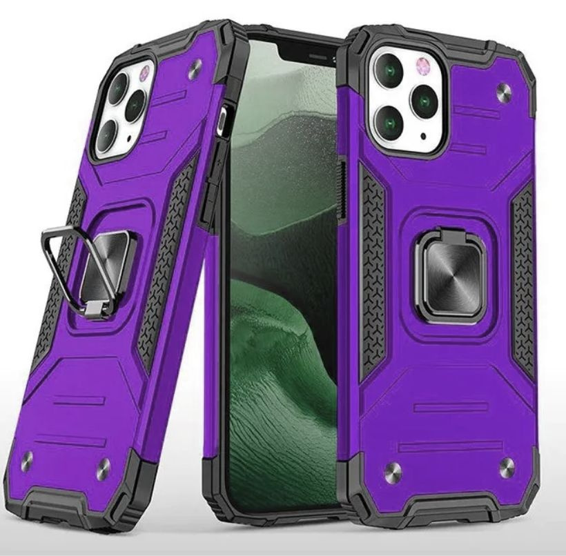 Противоударный чехол для iPhone 12 / 12 Pro фиолетовый с пластиной для магнитного автодержателя и кольцом #1
