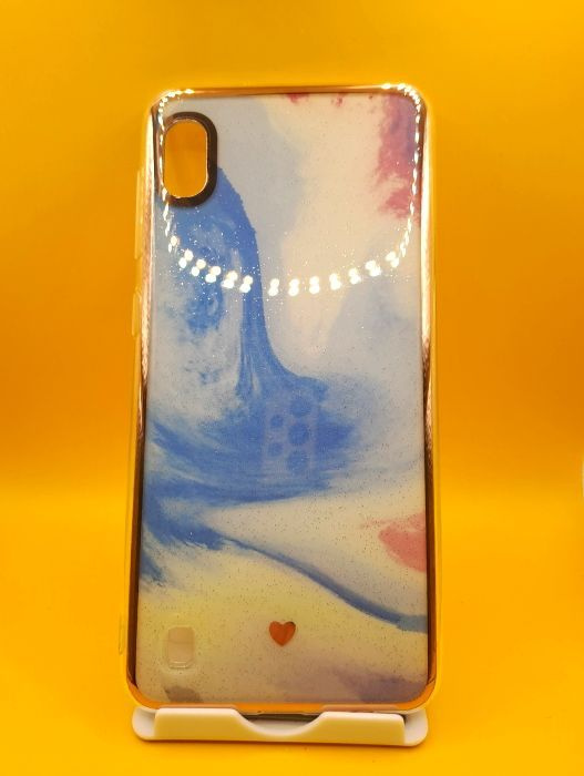 Чехол для Samsung Galaxy A10, мрамор с блестками, золотистая окантовка, цвет: голубо-желтая #1