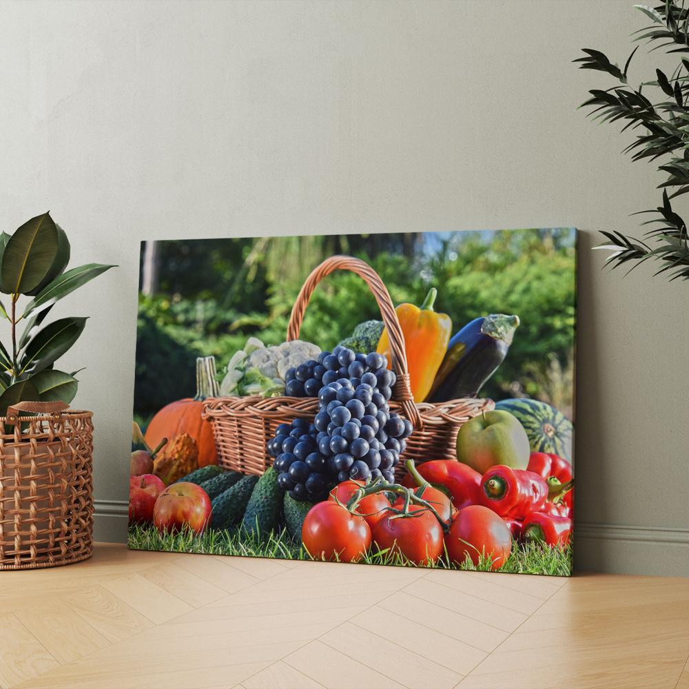 Картина на холсте "Корзина, наполненная множеством разных видов фруктов ...