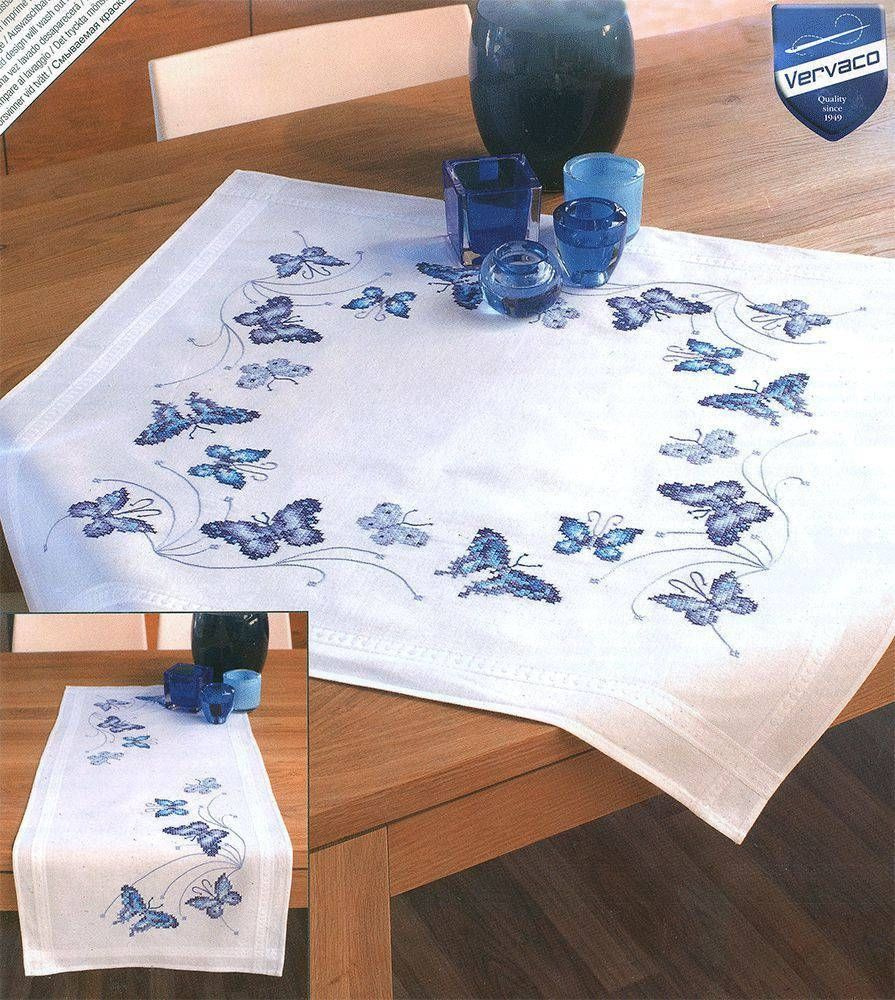 Набор для вышивки Vervaco "PN-0145089 Синие бабочки (Vervaco)" / неСчетный крест / Бабочки, Скатерти #1