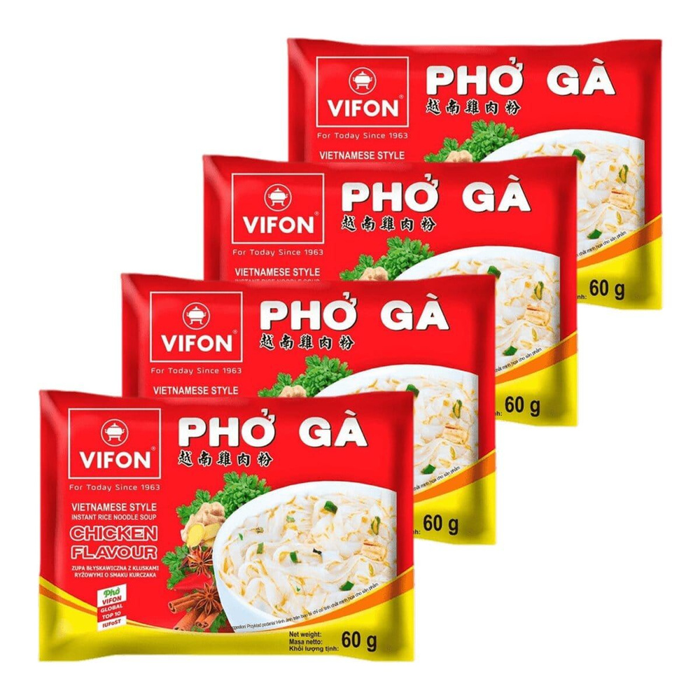 Лапша быстрого приготовления рисовая Pho ga со вкусом курицы Vifon, пачка  60 г х 4 шт