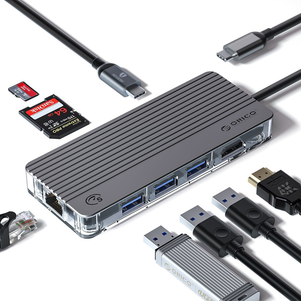 usb разветвитель ORICO WB-8P-V1 Type-C HUB, USB 3.0*3 RJ45 HDMI(4K@30Hz)  PD100W SD&TF, Совместимость с Windows, Linux, Mac OS, Android, iPad -  купить по выгодной цене в интернет-магазине OZON (986986371)