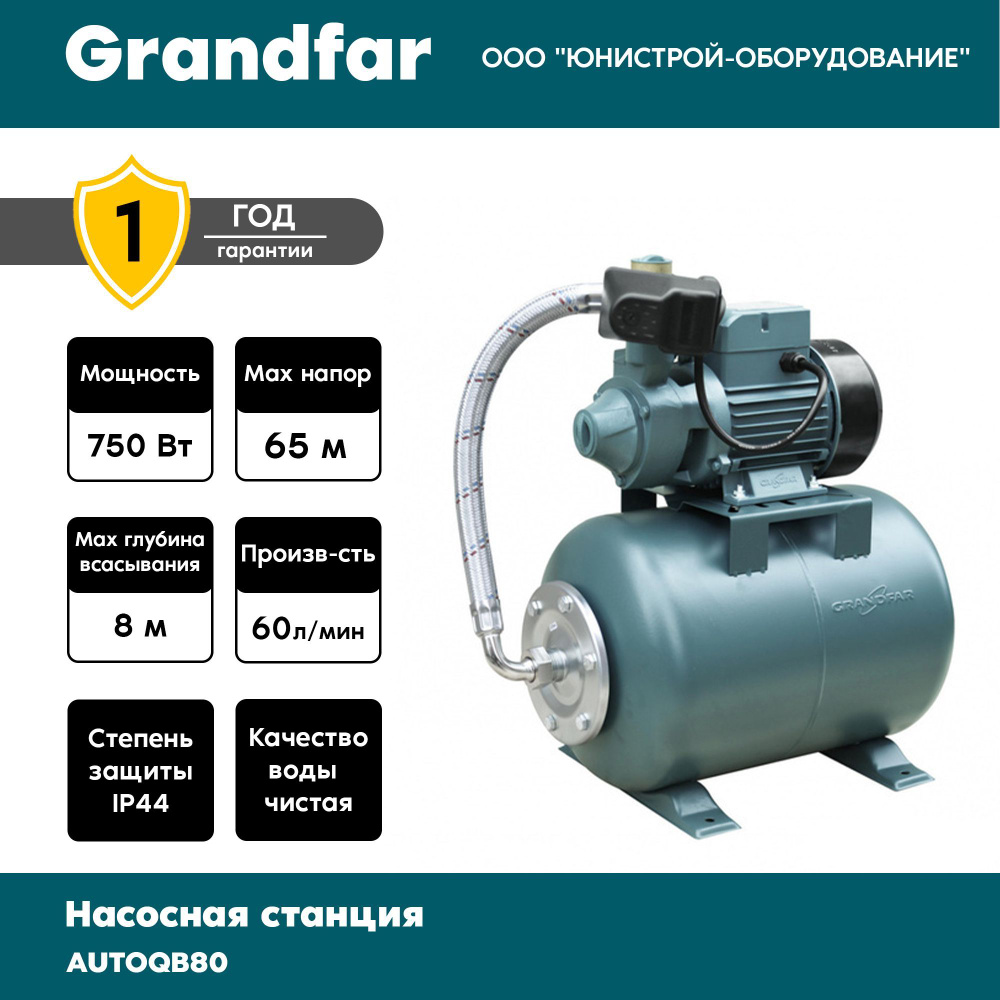 Насосная станция GRANDFAR AUTOQB80, 220 л/мин - купить по выгодной цене в  интернет-магазине OZON (1000635972)