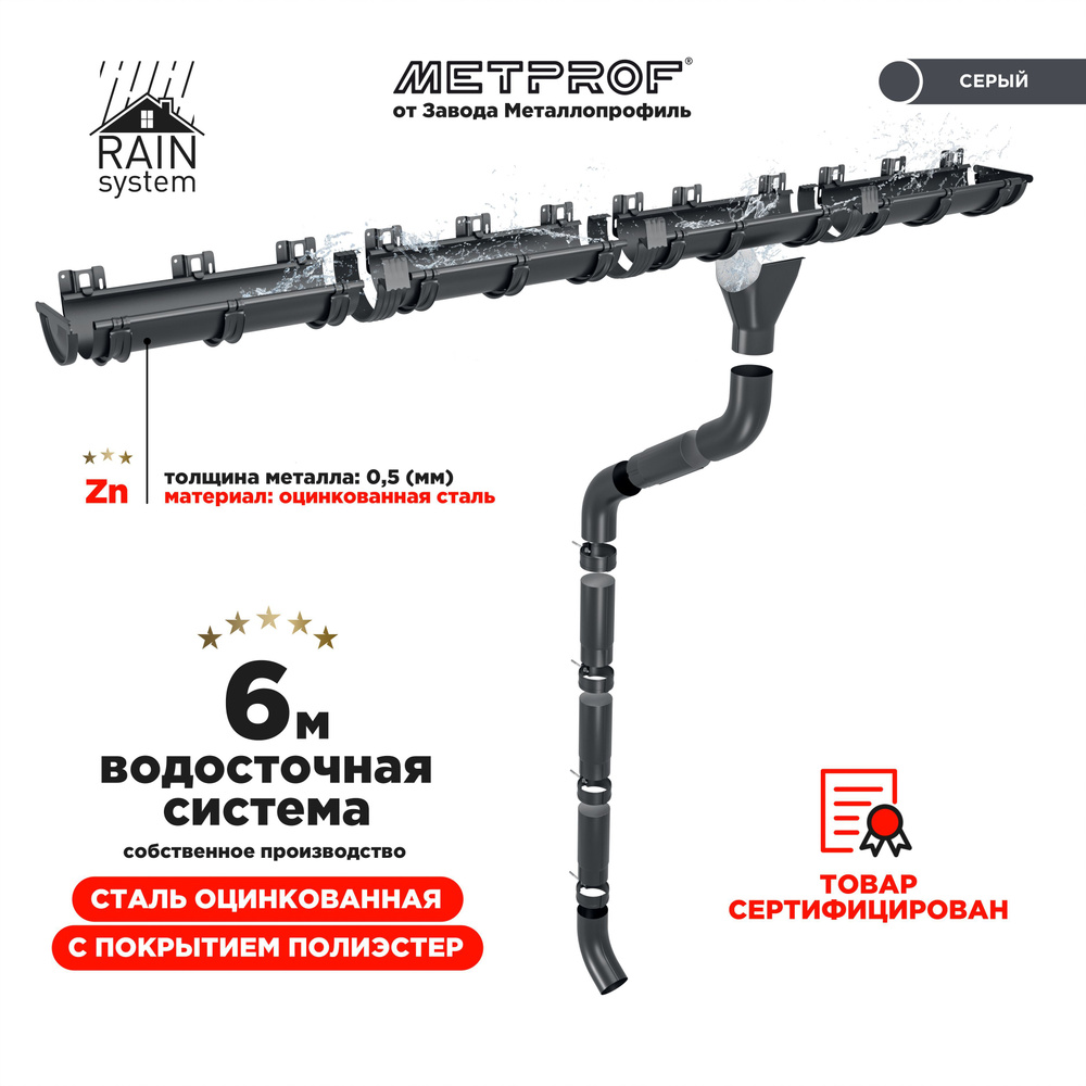 Водосточная система RAIN SYSTEM/ Комплект на 6 метров, цвет 7024