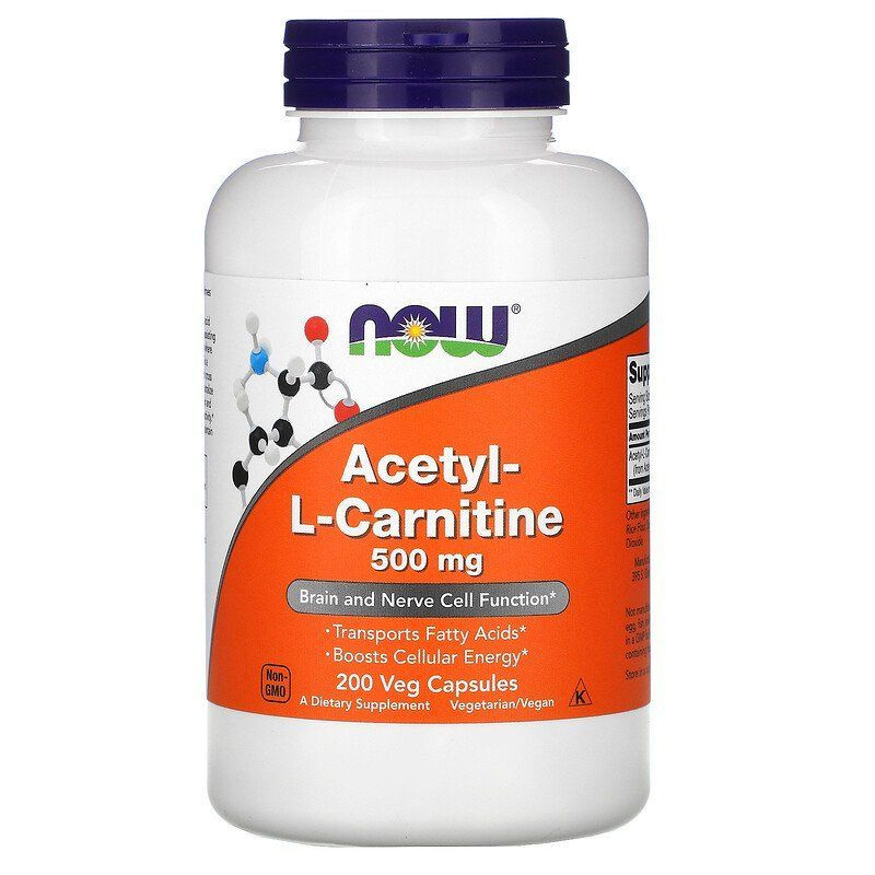 NOW Acetyl-L-Carnitine 500mg, Ацетил Л Карнитин, 200 растительных ...
