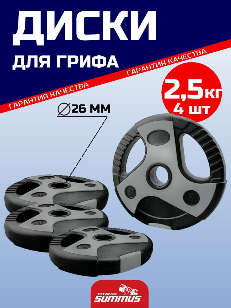 Диски для грифа Summus пластиковые с хватами 4 шт. по 2,5 кг, d-26мм, диски для штанги, гантели черно-серые #1