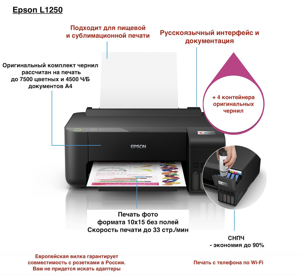 Принтер Epson L1250, Цветной, Монохромный печать, купить по низкой цене:  отзывы, фото, характеристики в интернет-магазине OZON (875214394)