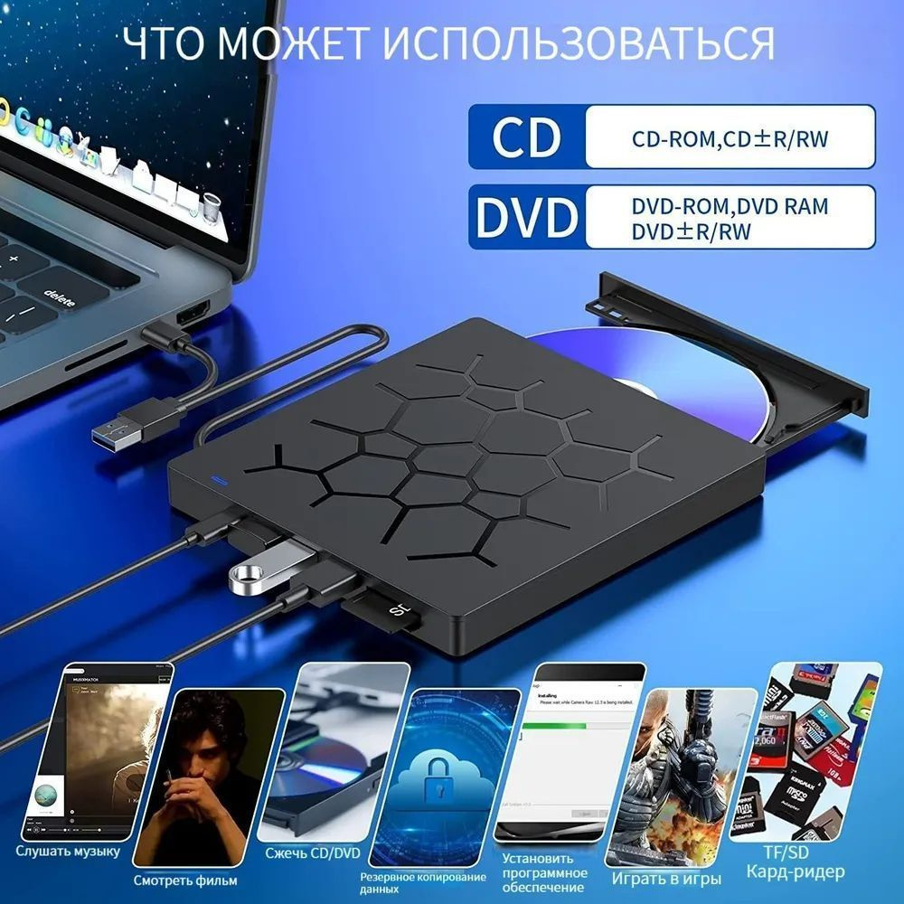 Внешний привод/оптический привод/CD/DVD, тонкий портативный USB 3.0 плеер,  совместимый с портативными настольными компьютерами - купить с доставкой по  выгодным ценам в интернет-магазине OZON (1144876216)