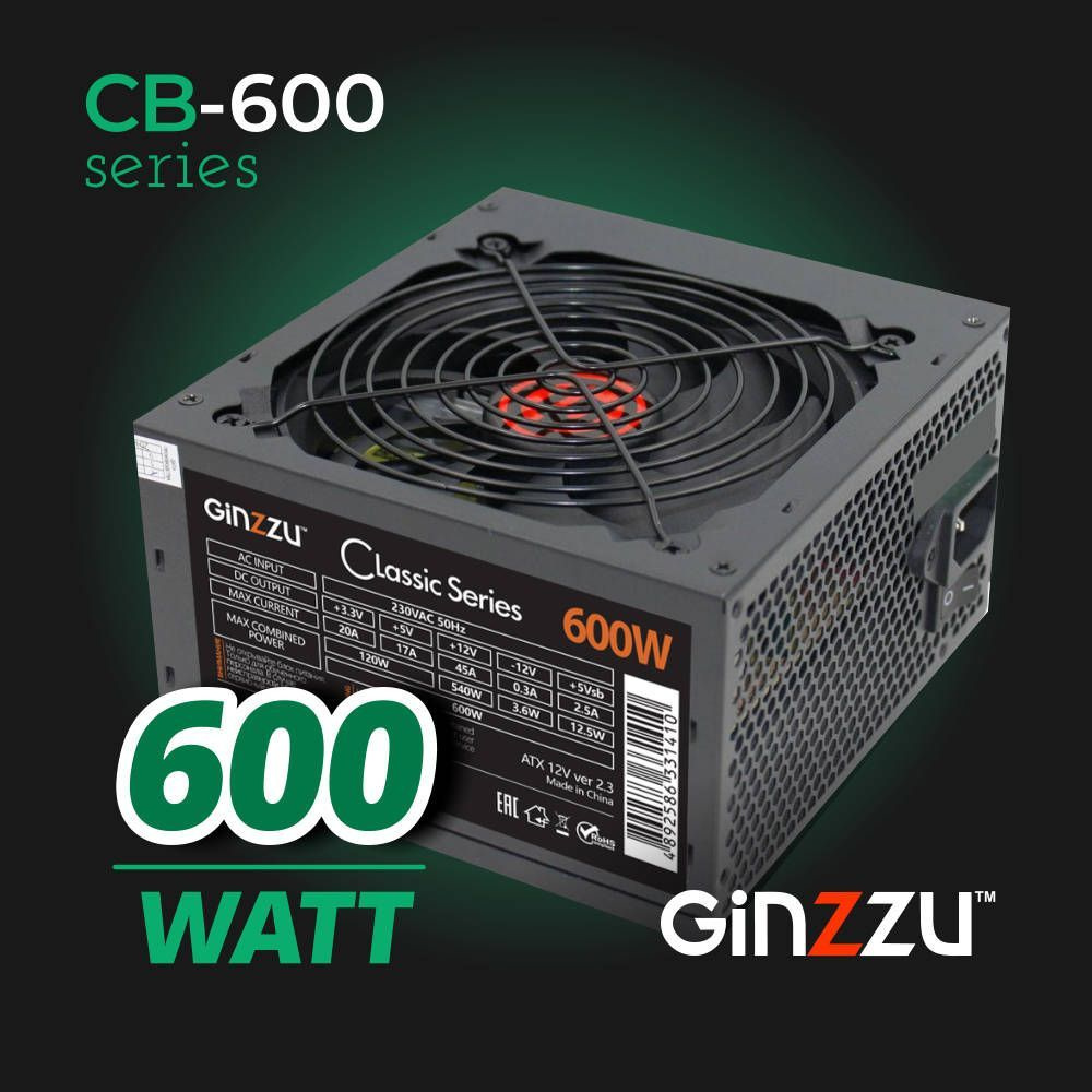 Блок питания Ginzzu 600W (CB600)  ATX,12CM,20+4p,CPU(4+4),2*PCI-E(6+2),4*SATA,3*IDE, кабель питания - купить  с доставкой по выгодным ценам в интернет-магазине OZON (865803122)