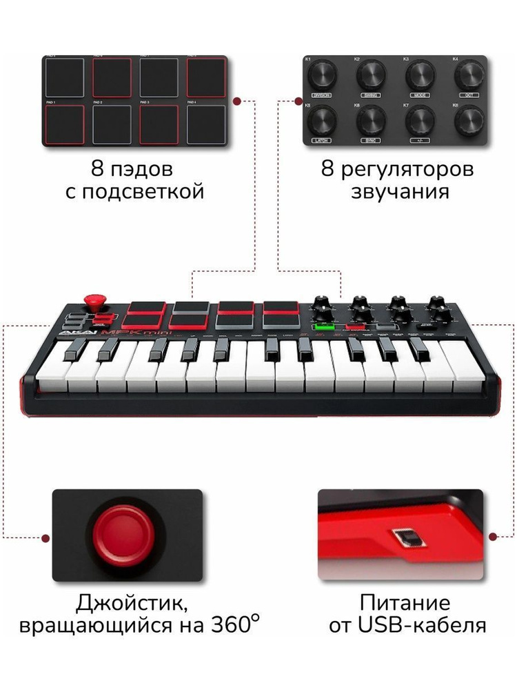 akai mpk mini mk3, MIDI-клавиатура AKAI MPK Mini MKIII черный - купить ...