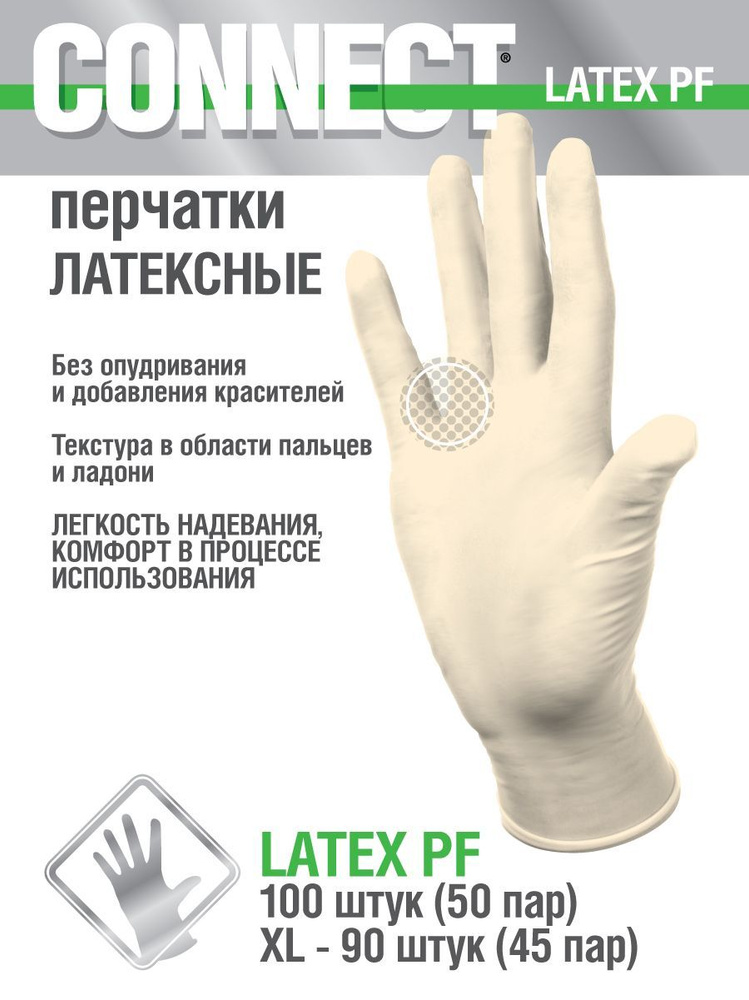 Перчатки медицинские латексные прочные CONNECT L 100 шт - купить с ...
