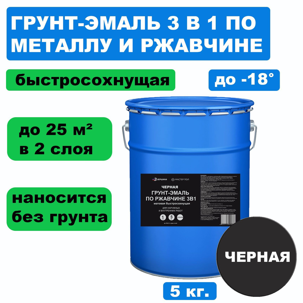 Грунт-эмаль ВЕРШИНА по ржавчине 3 в 1 Быстросохнущая, Алкидная, Матовое  покрытие, черный - купить в интернет-магазине OZON по выгодной цене  (1171259225)