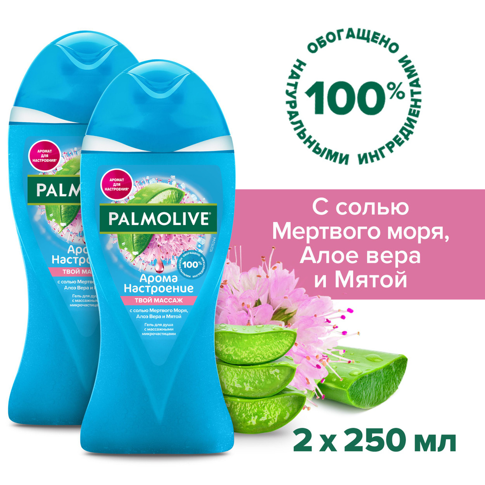 Гель для душа женский Palmolive Арома Настроение Твой Массаж с массажными  микрочастицами (с солью Мертвого Моря, Алоэ Вера и Мятой), 250 млх2шт -  купить с доставкой по выгодным ценам в интернет-магазине OZON (1267313165)