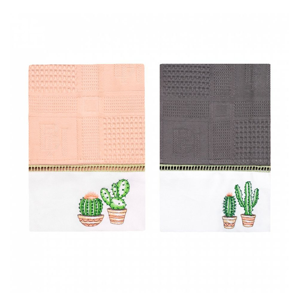 Комплект полотенец вафельных BELLEHOME с вышивкой "Cactuses", 40х70 см, 2 шт, 100% хлопок  #1