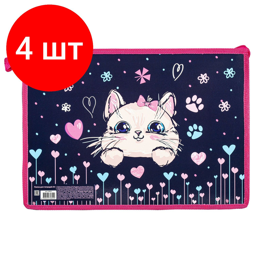 Папка для тетрадей ПИФАГОР А4, комплект 4 штук, 1 отделение, картон ...