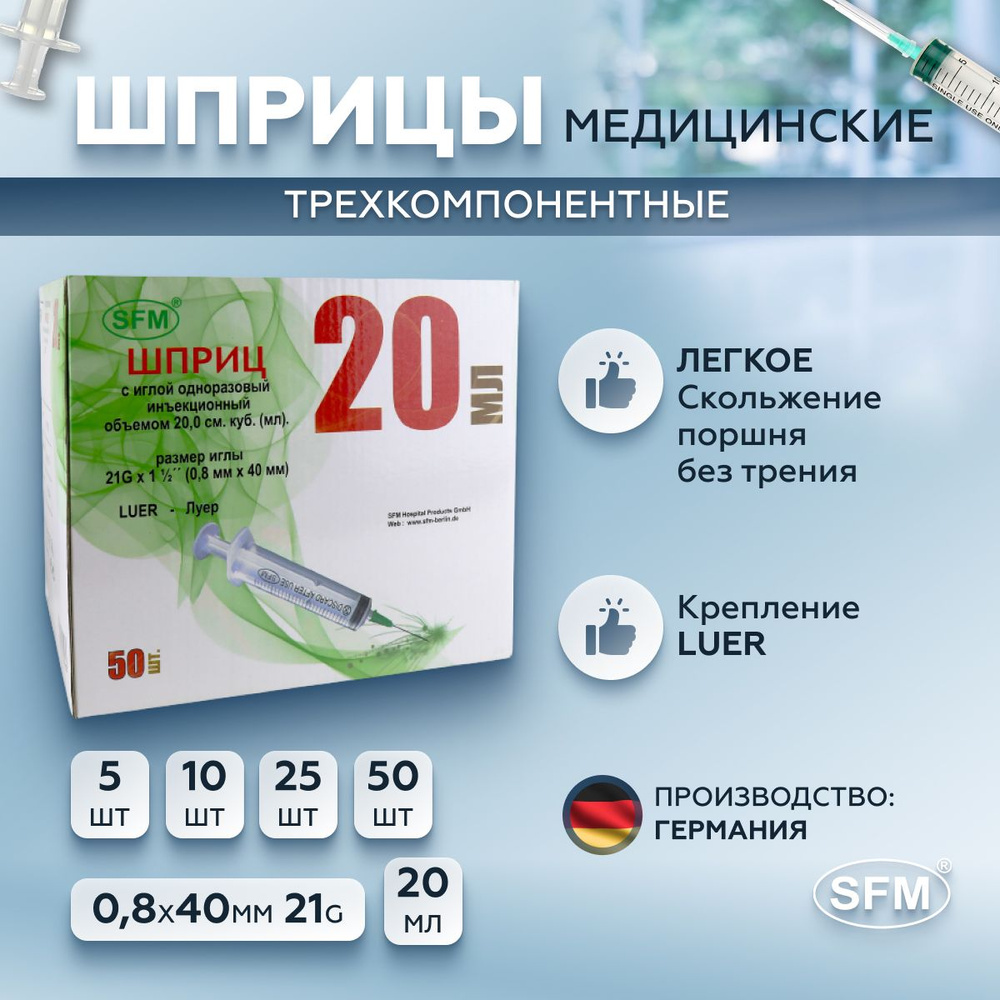 Шприц 20 мл трехкомпонентный, медицинский, для инъекций и уколов, с ...