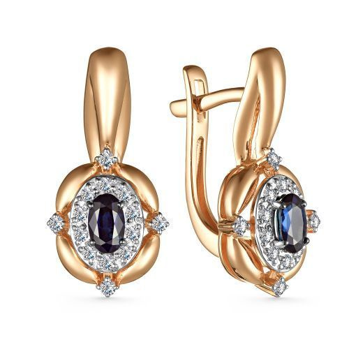 АЛЬКОР Золотые серьги 585 женские с 2 сапфирами и 28 бриллиантами ...