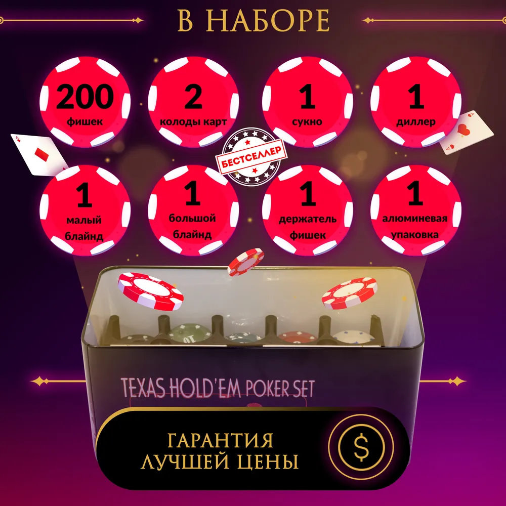 Набор для покера "Texas Holdem" 200 фишек, с номиналом, в жестяной подарочной коробке , Сукно в подарок, #7