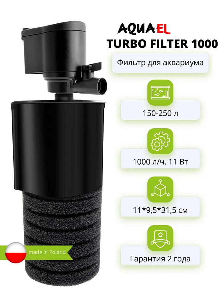 Фильтр для аквариума внутренний AQUAEL TURBO FILTER 1000 (150 - 250 л., 1000 л/ч, 11 Вт), 250 л, 1000 л, фото 2