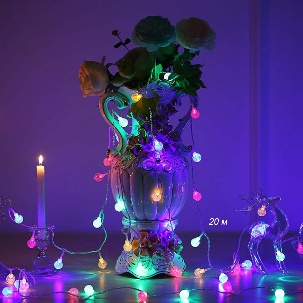 Гирлянда светодиодная. Хрустальные шарики 20 м, 200 LED разноцветные. Гирлянда светодиодная. Хрустальные шарики 20 м, 200 LED разноцветные.