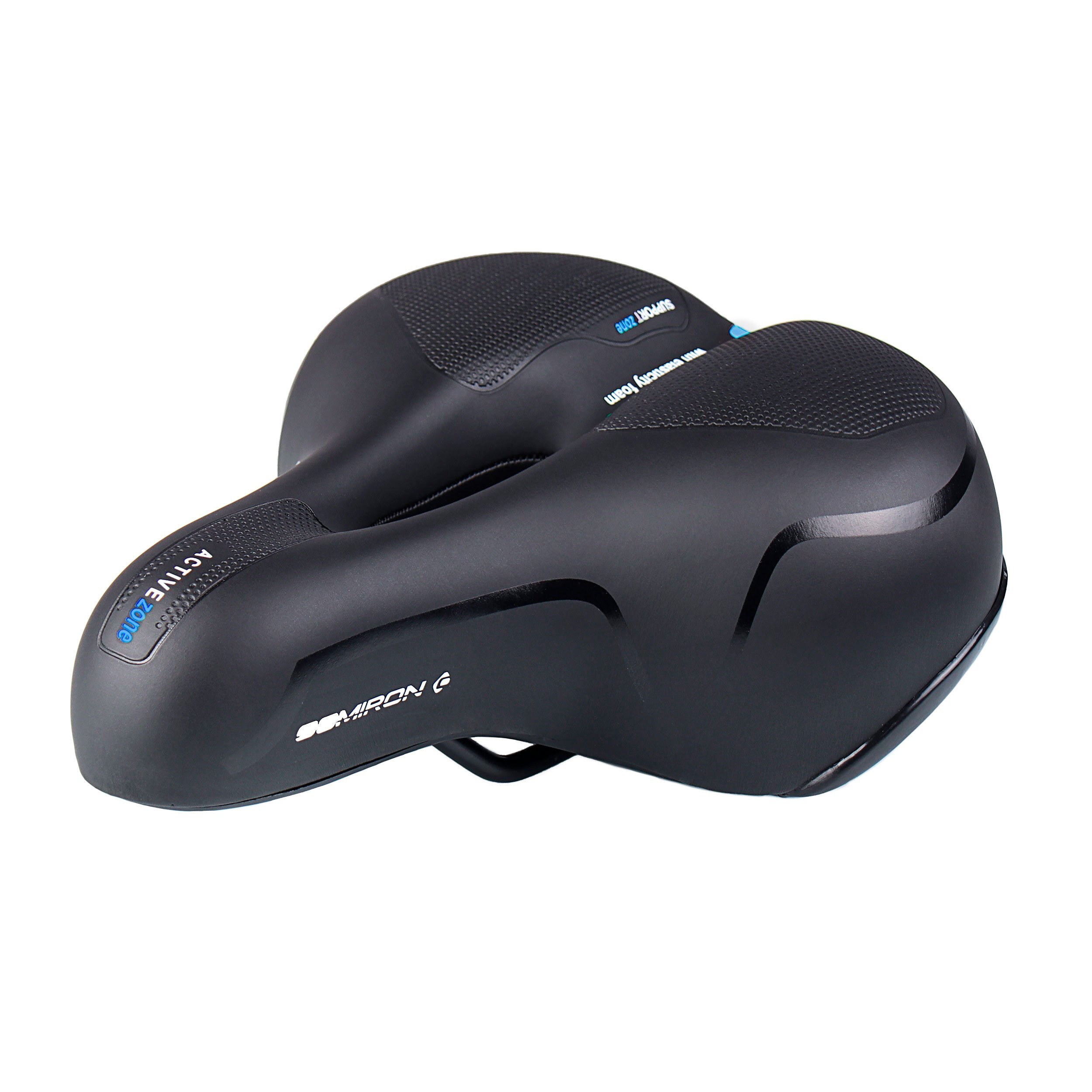 Седло велосипедное комфортное COMIRON BERN N669A 255x210, Технологии: ED, Эластомер, Верх: PU с пресс. принтом, цвет: чёрный, голубой Седло велосипедное комфортное COMIRON BERN N669A 255x210, Технологии: ED, Эластомер, Верх: PU с пресс. принтом, цвет: чёрный, голубой