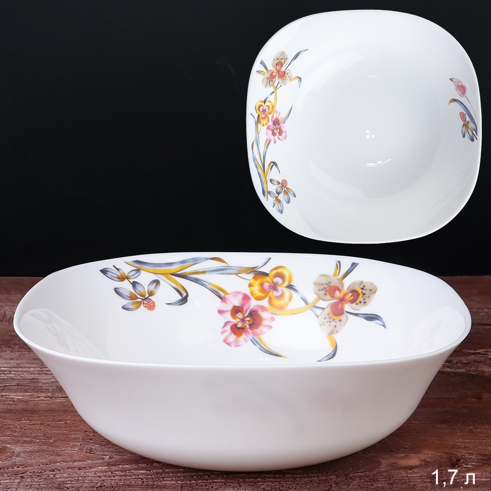Салатник WHITE LILY квадратный глубокий Виола , 1700 мл, размер 22 см, желтый, розовый, стеклокерамика