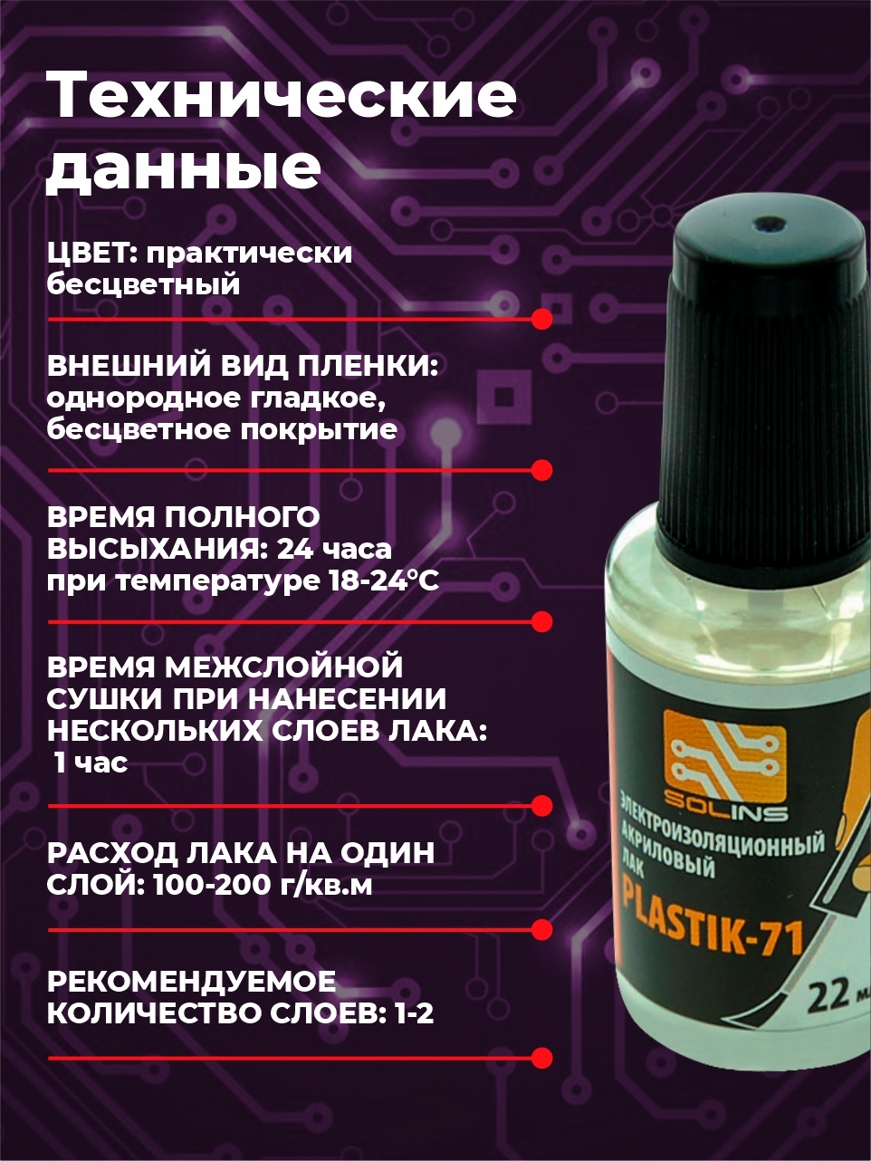 Электроизоляционный акриловый лак Solins Plastik 71 универсальный для металла, пластиков, дерева, стекла, декупажа / Защита печатных плат и проводов от коррозии, влаги и пыли, прозрачный 22 мл