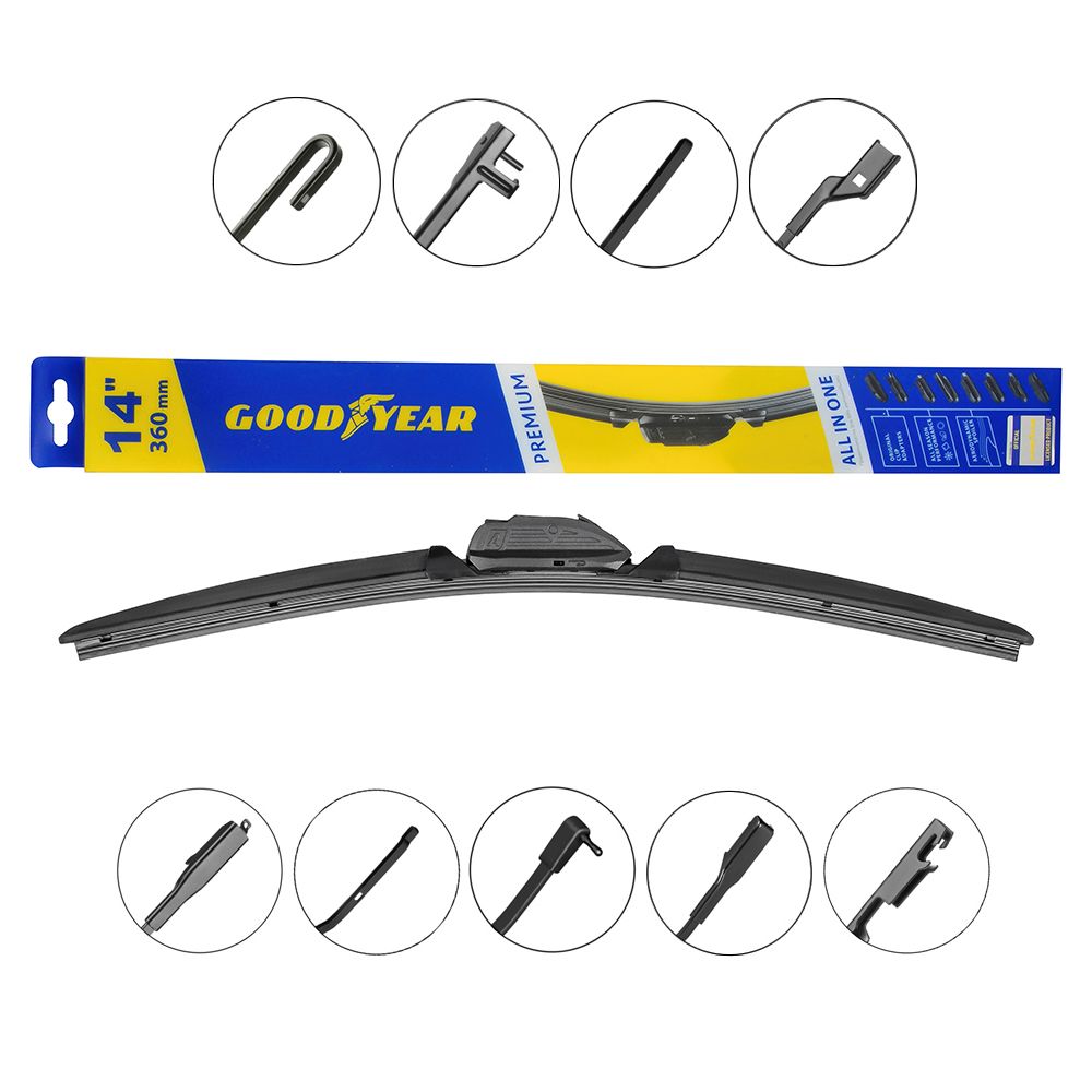Бескаркасная щетка стеклоочистителя Goodyear PREMIUM 14"/36 cm всесезонная, 8 переходников